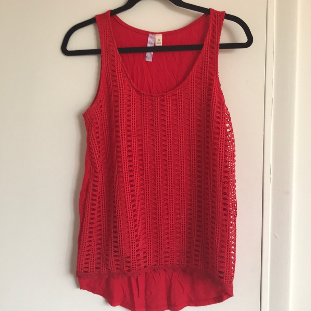 Red sleeveless tank with lace overlay